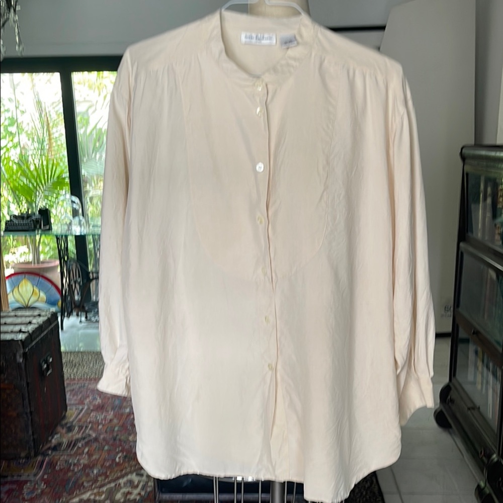 Anne Fontaine Cream Button Down Shirt with Mandarin Collar